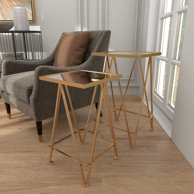 Gold, Silver or Black Metal Contemporary Accent Table with Mirrored Glass Top (Set of 2) - 15 x 15 x 25