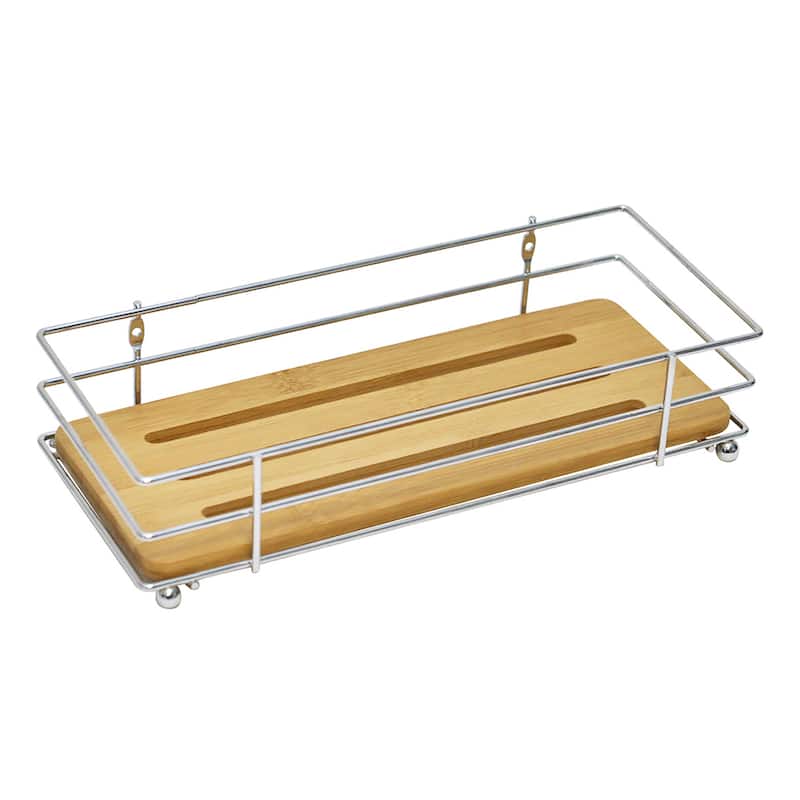 Bathroom Organizer Bamboo Tray Metal Wire - 10.4" L x 4.6" W x 2.4" H - Chrome Bamboo