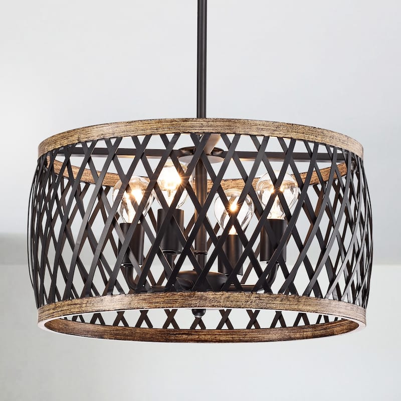 Agustin Matte Black 4-Light Metal Geometric Drum Shade Chandelier