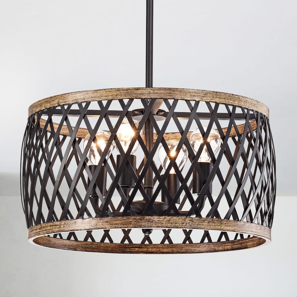 Agustin Matte Black 4-Light Metal Geometric Drum Shade Chandelier