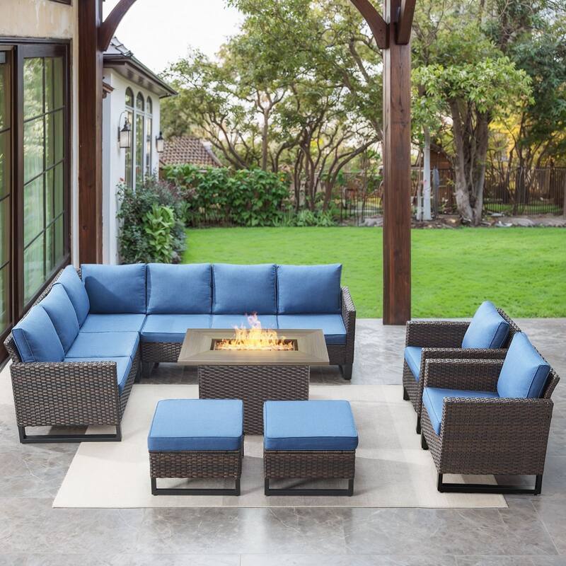 Gymojoy L-Shaped Outdoor Corner Sectional Sofa 6-seats Couch Conversation Set - 6 PCS - Ottomans & Club Chairs & Fire Pit - Brown Wicker / Blue Cusion