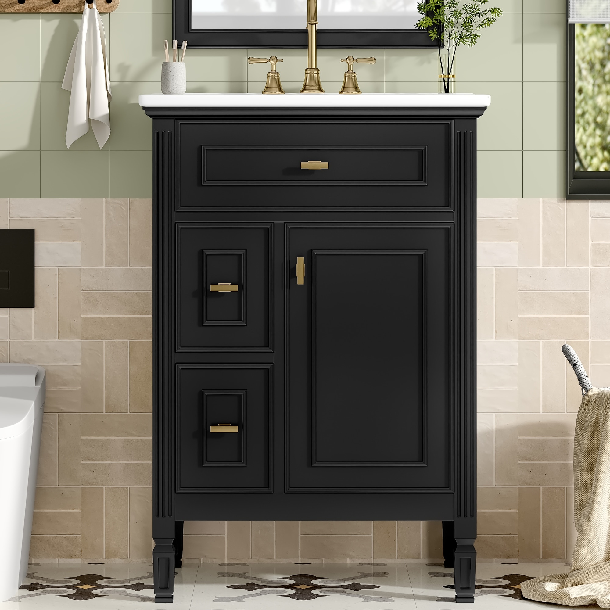 Roomfitters 24" Bathroom Vanity with Sink, Solid Wood Frame, Flip-Out Drawer & Cabinet with Adjustable Shelf