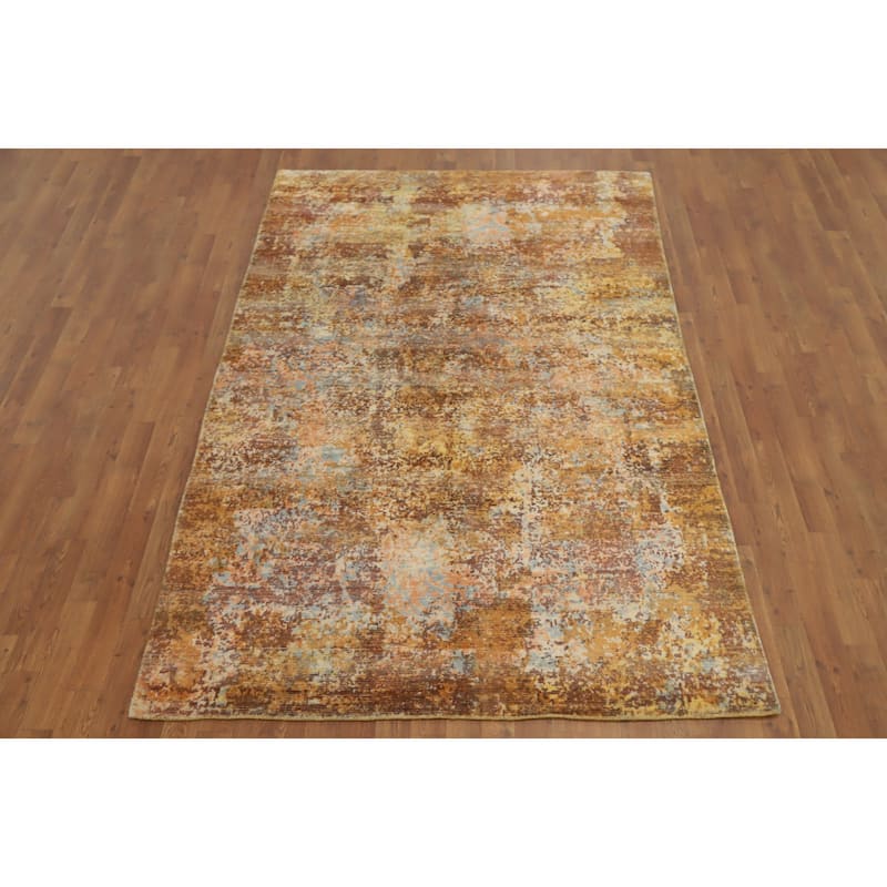 Hand Knotted Oriental Viscose Silk Carpet Modern Abstract Yellow & Gold Abstract Area Rug - 8' 0'' X 5' 1''