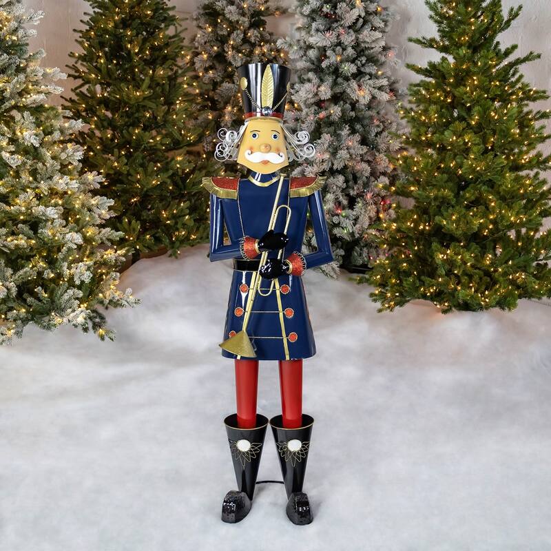 Iron Christmas Blue Nutcracker "Harold" Holding Trumpet - 16.9"x15"x59" - Blue