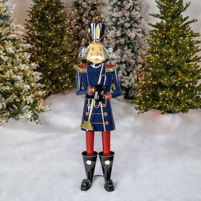 Iron Christmas Blue Nutcracker "Harold" Holding Trumpet - 16.9"x15"x59"