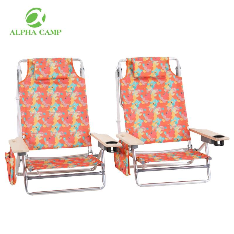 2-Piece Lightweight 5-Position Folding Lay Flat Beach Chairs with Tower Bar