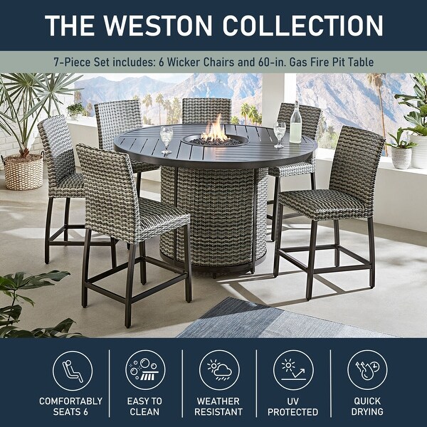 Agio Weston 7 Piece Outdoor High Dining Fire Pit Set with 6 Wicker Chairs and 60 in. 60 000 BTU Gas Fire Pit Table Bed Bath Beyond 34722584
