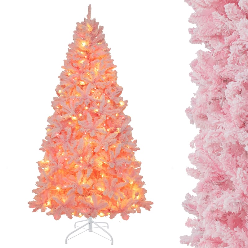 Gymax 7 FT Pre-Lit Artificial Christmas Tree Lighted Pink Snow Flocked