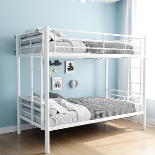 Twin Over Twin Size Bunk Bed with Ladder and High Guardrail, Able to Split, Metal Bunk Bed with Storage Space, White