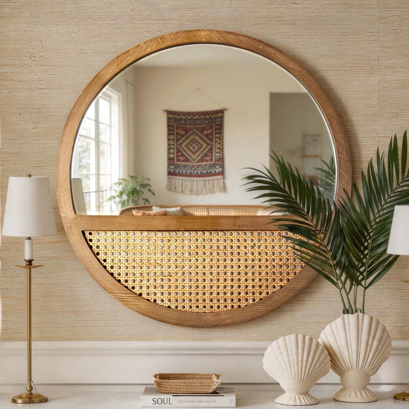 Round Rattan Wall Mirror Wood Frame Decorative Accent Mirror