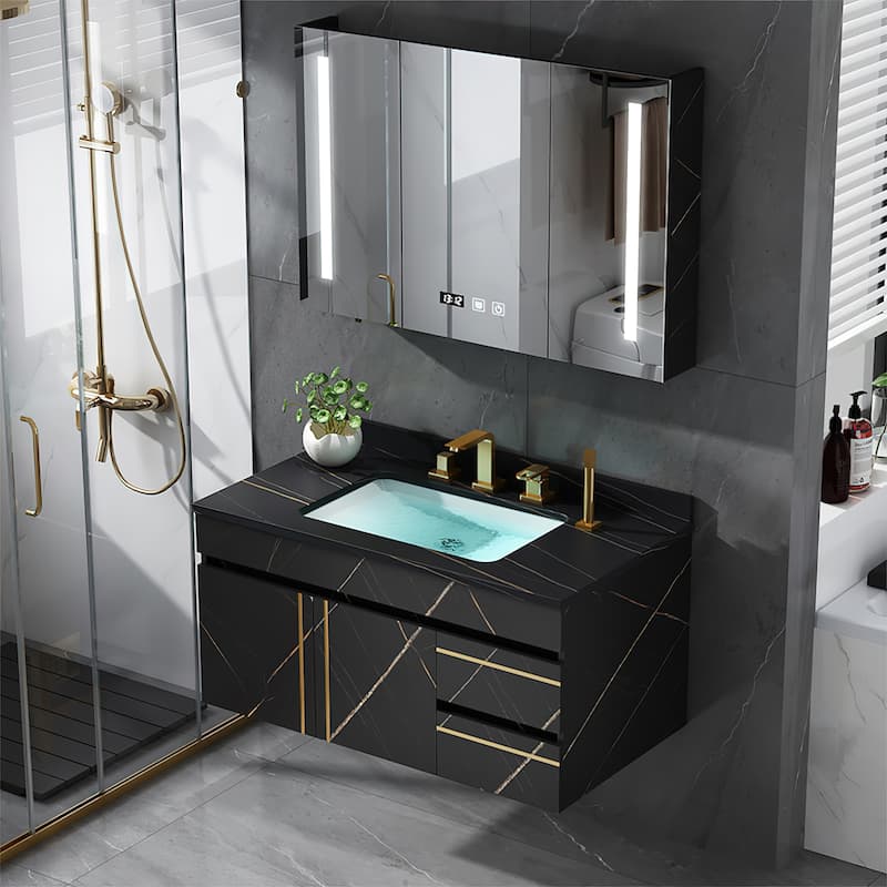 Modern 36'' Single Bathroom Vanity with Faux Stone Countertop - Black - Wood Finish