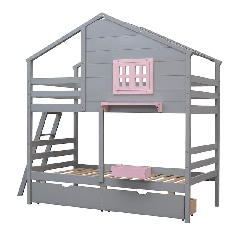 Playhouse Twin over Twin Wood Bunk Bed with 2 Drawers, 1 Storage Box, 1