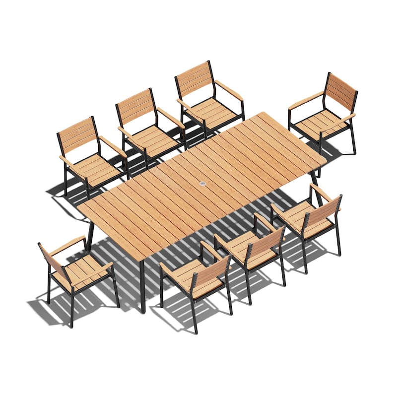 9-Piece Aluminum Outdoor Patio Dining Set with Umbrella Hole and Stackable Chairs - Brown