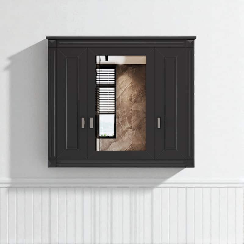 35" Wall-Mounted Medicine Cabinet with Mirror, 4 Adjustable Shelves, Black MDF Storage Cabinet - Black