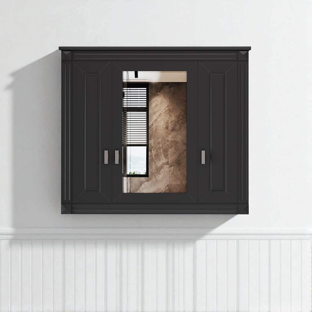 35" Wall-Mounted Medicine Cabinet with Mirror, 4 Adjustable Shelves, Black MDF Storage Cabinet