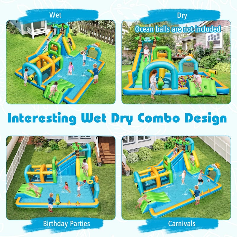 Costway Inflatable Water Park with Climbing Wall Basketball Rim Target - Multi-Colored