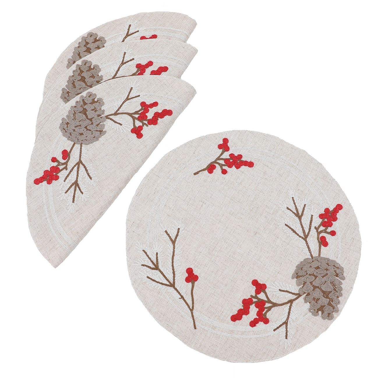 Winter Pinecone & Red Berry Embroidered Placemats - Set of 4