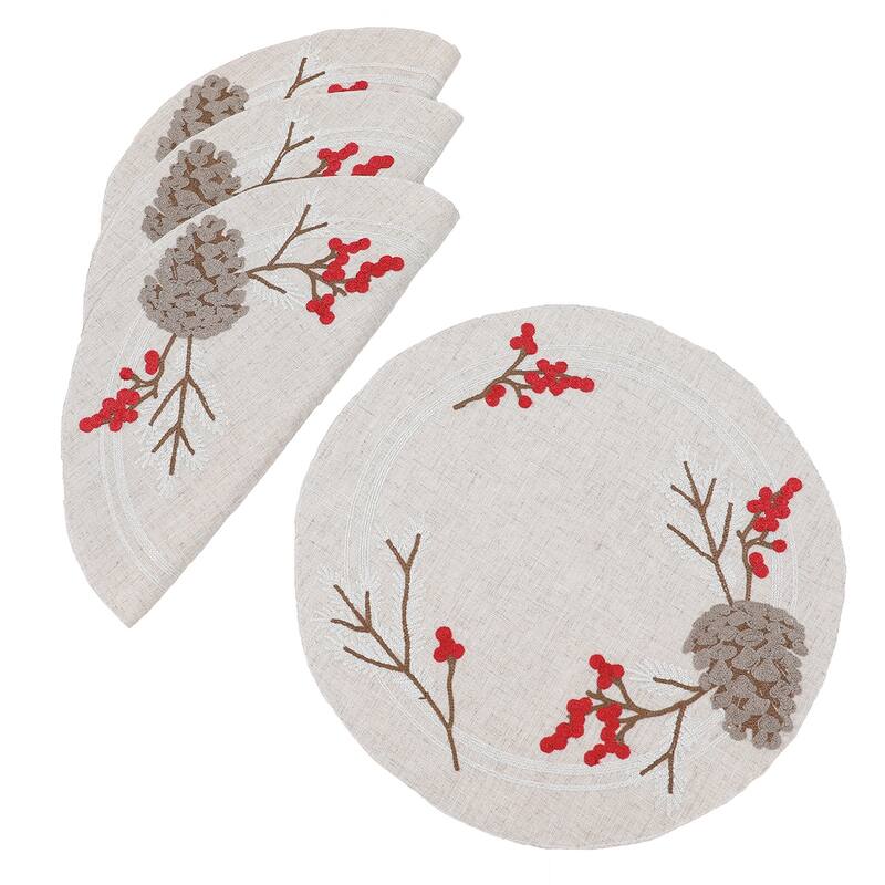 Winter Pinecone & Red Berry Embroidered Placemats - Set of 4