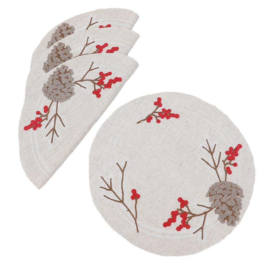 Winter Pinecone & Red Berry Embroidered Placemats - Set of 4
