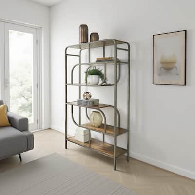 Bookcase, Modern Geometric Design, 70 Inch, 5 Brown Veneer Shelves