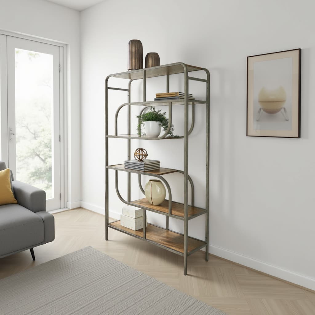 Bookcase, Modern Geometric Design, 70 Inch, 5 Brown Veneer Shelves