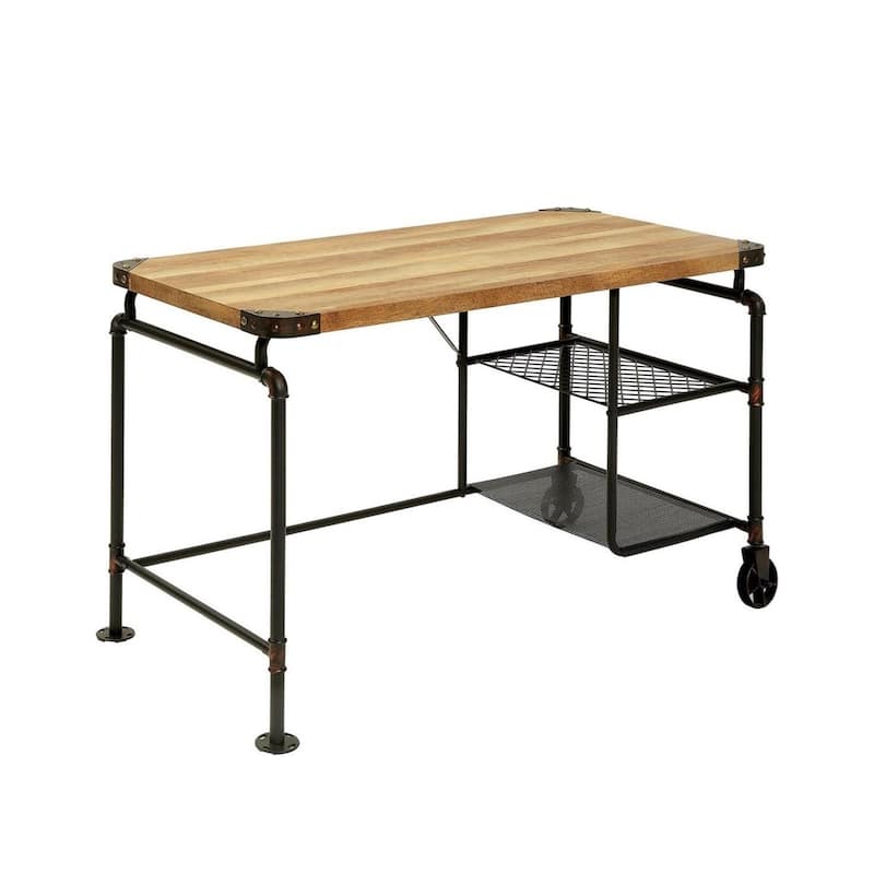 Wood Writing Desk With Wheel in Antique Black and Natural