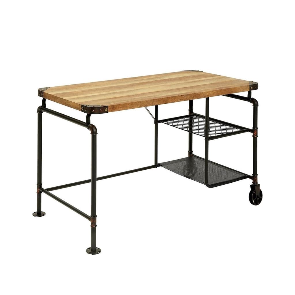 Wood Writing Desk With Wheel in Antique Black and Natural