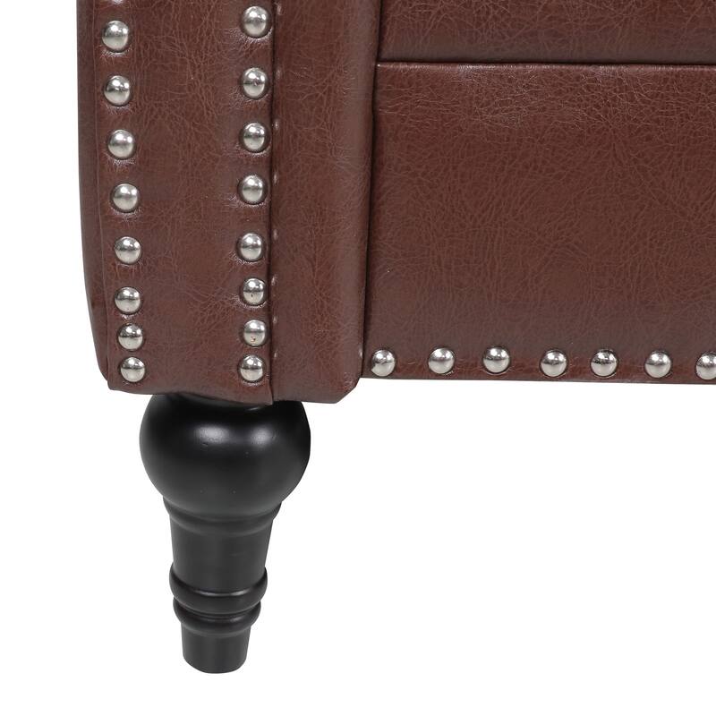 PU Leather 3 Seater Sofa, Upholstered Sofa with Rolled Arms & Removable Cushion, Lounge Sofa with Studs Trim & Wooden Legs