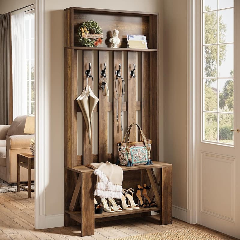 70.8" Tall Freestanding Coat Rack with Shoe Bench and Hooks, Narrow Hall Tree Organizer for Entryway, Hallway