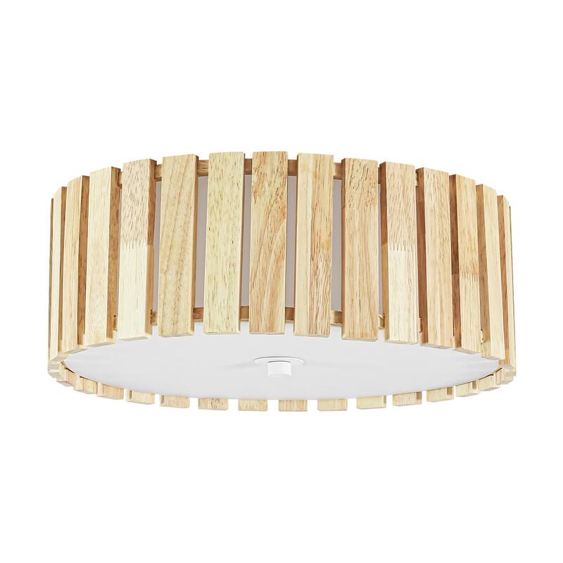 14.2" Rustic Boho Wooden Strips Cylindrical Drum Shade LED Flush Mount Ceiling Light for Living Room