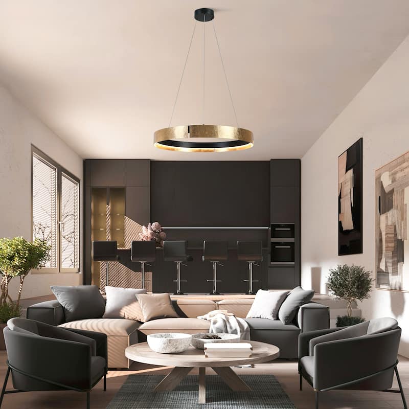 Modern Glam 1-Light Goldleaf Circular Chandelier Wheel Drum Integrated LED Pendant Light Fixture with Gold Foil for Dining Room
