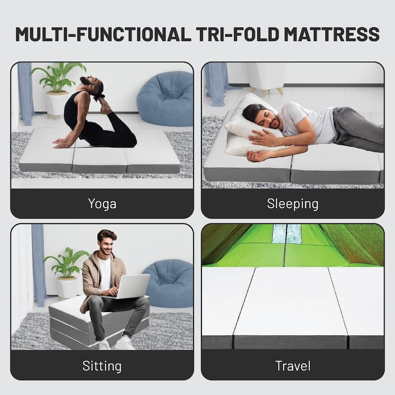 Folding Mattress, 3", 4" & 5" Gel Memory Foam Portable Tri-fold Mattress.