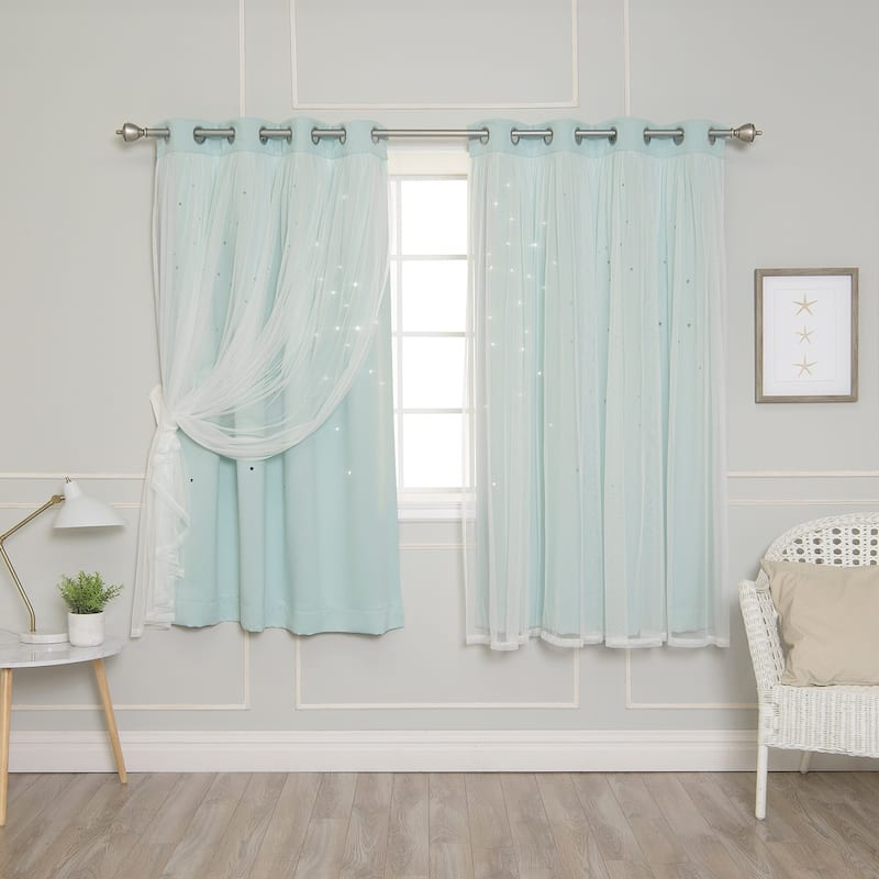 Aurora Home Star Punch Tulle Overlay Blackout Curtain Panel Pair - 52"W X 63"L - Mint
