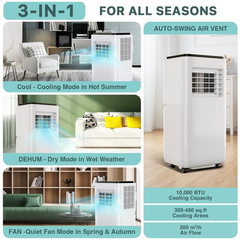 10000 BTU Portable Air Conditioner with Remote Control for Rooms up to 450 sq. ft