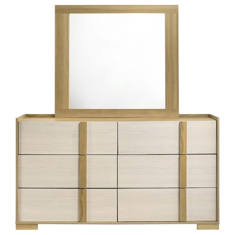 Hyle Wide Dresser with Mirror and 6 Drawers, Retro Brown and White