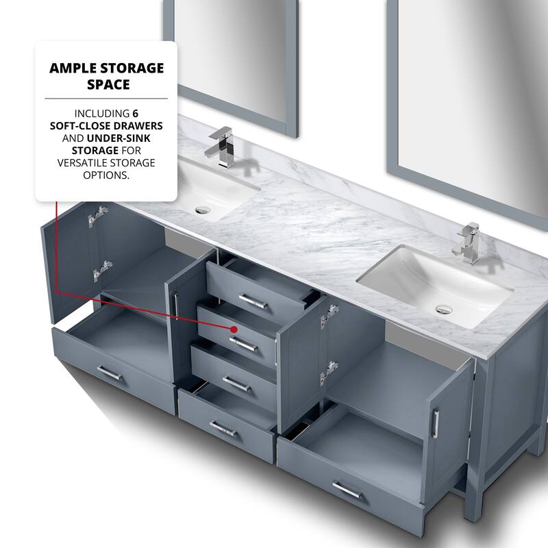 Jacques 80 in. W x 22 in. D Dark Grey Double Bath Vanity, Carrara Marble Top, Faucet Set, and 30 in. Mirrors