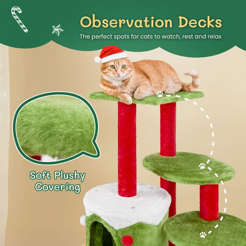 Christmas Themed Cat Tower With Cat Condo, 3-Level Plush Cat Tree Activity Center For Indoor Cats - (27.6 x 23.6 x 32.7) in