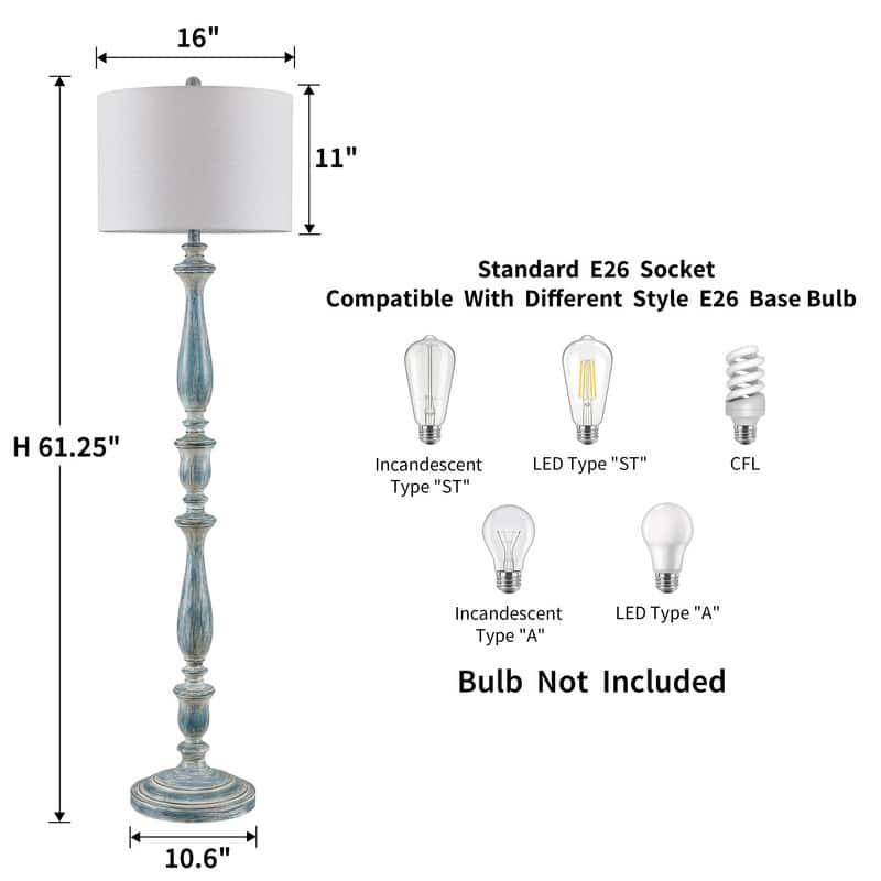 KAWOTI 61.25'' Rustic Distressed Light Blue Floor Lamp with Beige Linen Shade - W16" x H61.25"