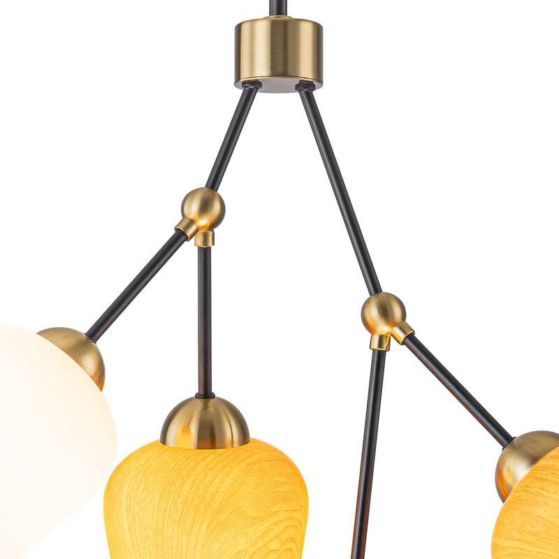 4-Light Black & Gold Y-Shaped Chandelier with Wood-Grain Glass Shades - Dia.22.83-in
