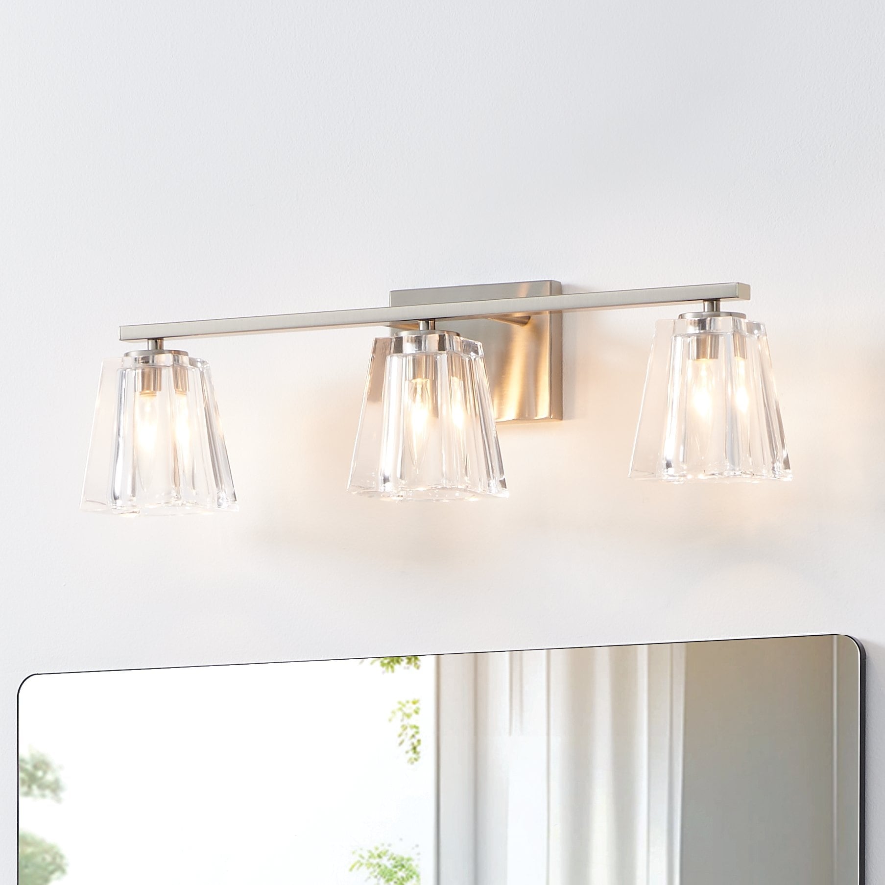 Thesis Valentin 24-inch 3-light Brushed Nickel Vanity Light with Clear Pressed Glass Shades