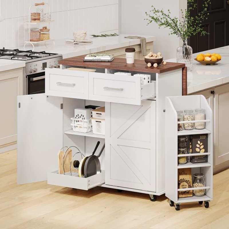 Kitchen Island with Drop Leaf, Removable Side Racks, Rolling Kitchen Cart with Towel Rack