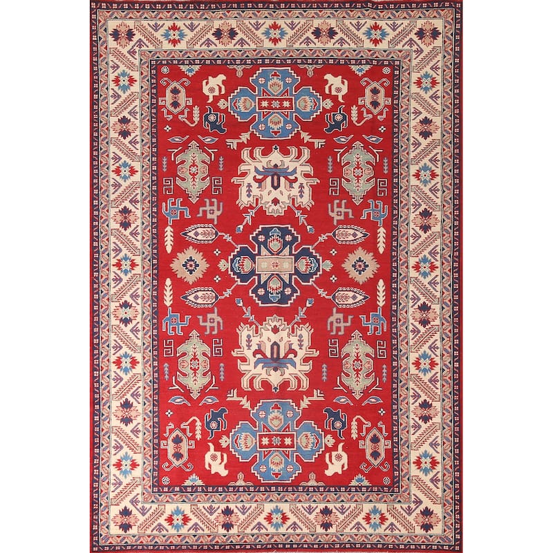 Red Geometric Kazak Area Rug Hand-Knotted Living Room Wool Carpet - 6'8" x 9'9"