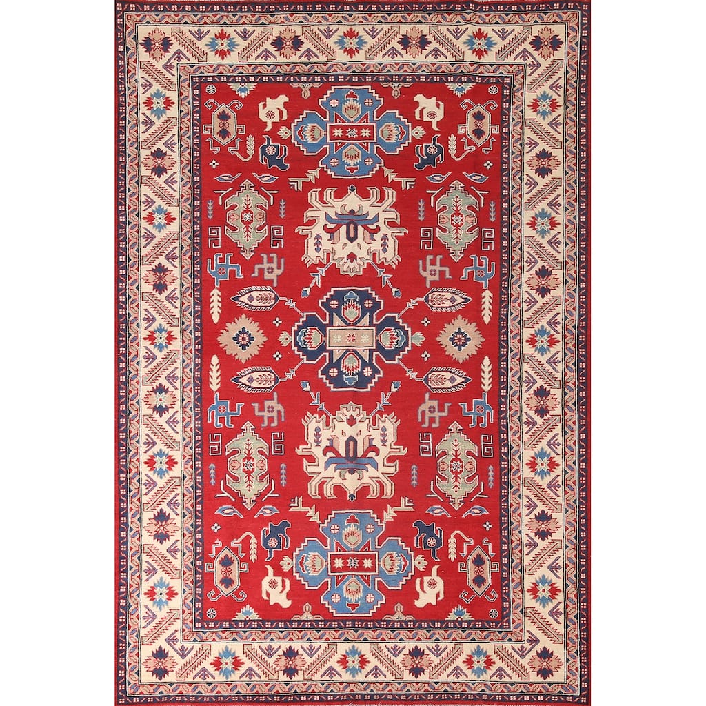 Red Geometric Kazak Area Rug Hand-Knotted Living Room Wool Carpet - 6'8" x 9'9"