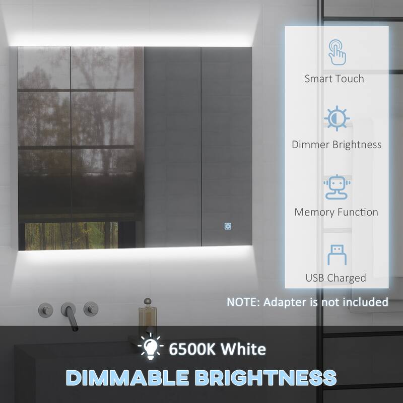 Wall-Mounted LED Mirror Cabinet with 3 Adjustable Shelves and USB Powered 6500K White Light - 35.5" L x 6" W x 29.5" H