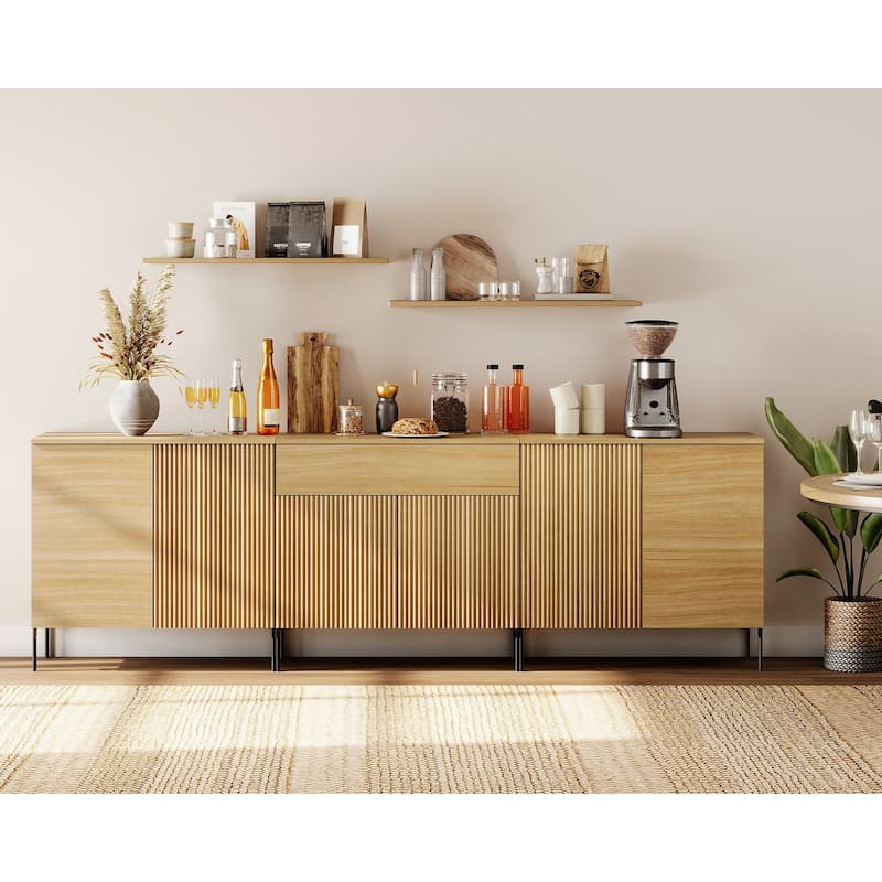94.5" Modern Reeded 6-Door Sideboard With Drawers, 3-In-1 Wooden Credenza - Oak