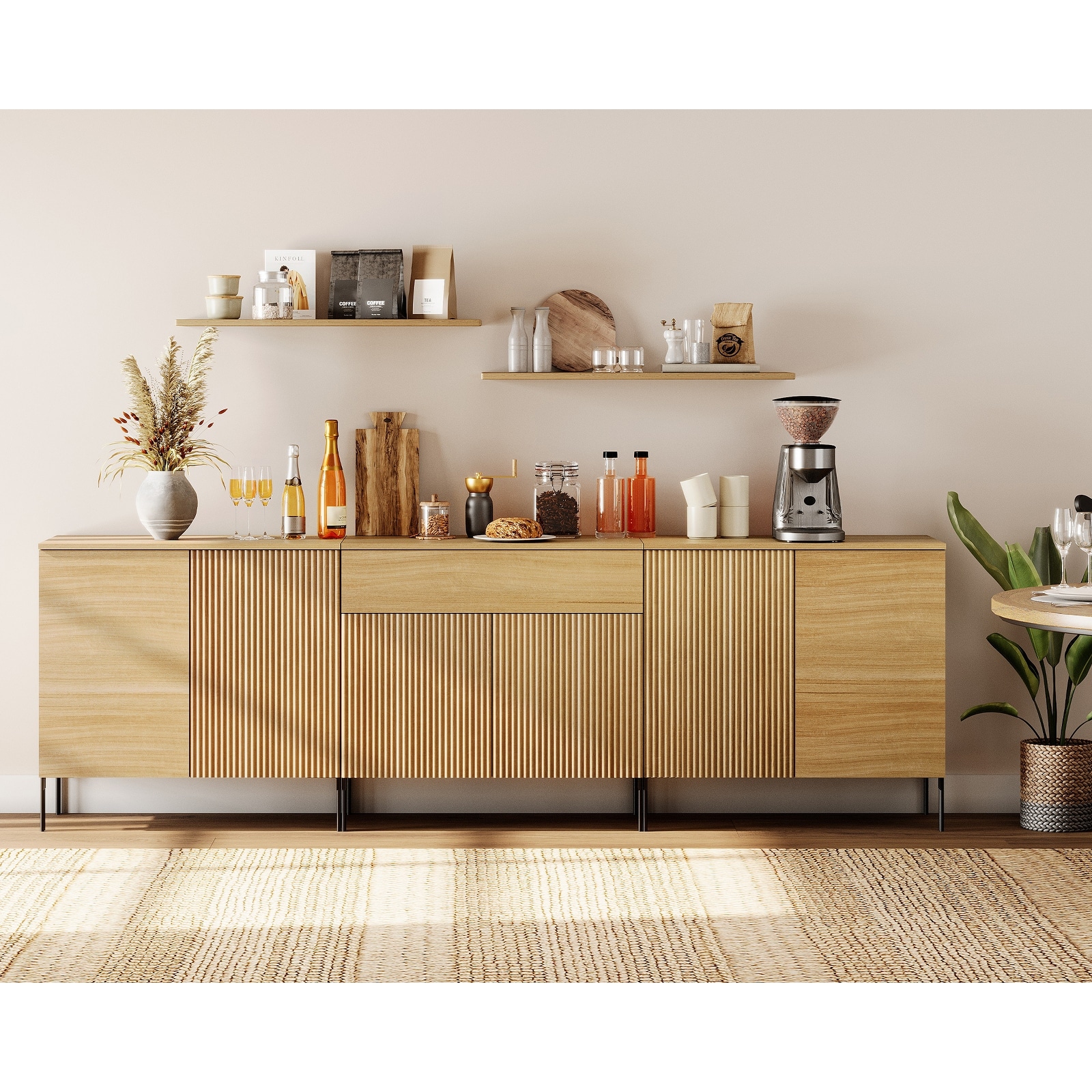 94.5" Modern Reeded 6-Door Sideboard With Drawers, 3-In-1 Wooden Credenza