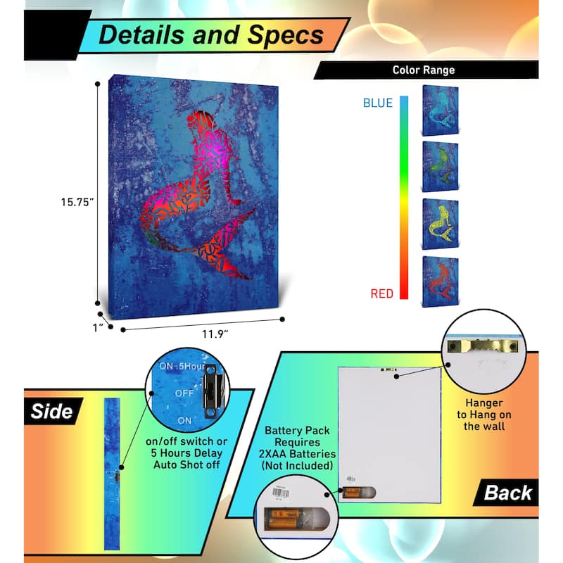 CoTa Global Mermaid Light Up LED Wall Art - Fun Changing Color LED - 15.75Lx11.9Wx1H inches