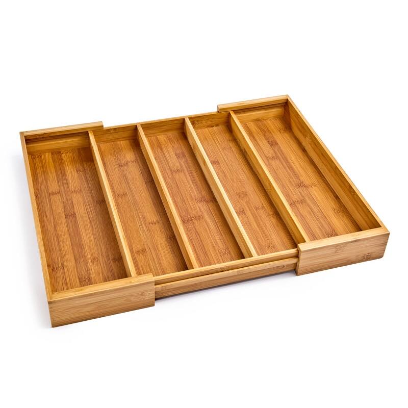 Seville Classics Bamboo Expandable 5 Large Compartment Adjustable Cutlery Drawer Tray Organizer - Brown