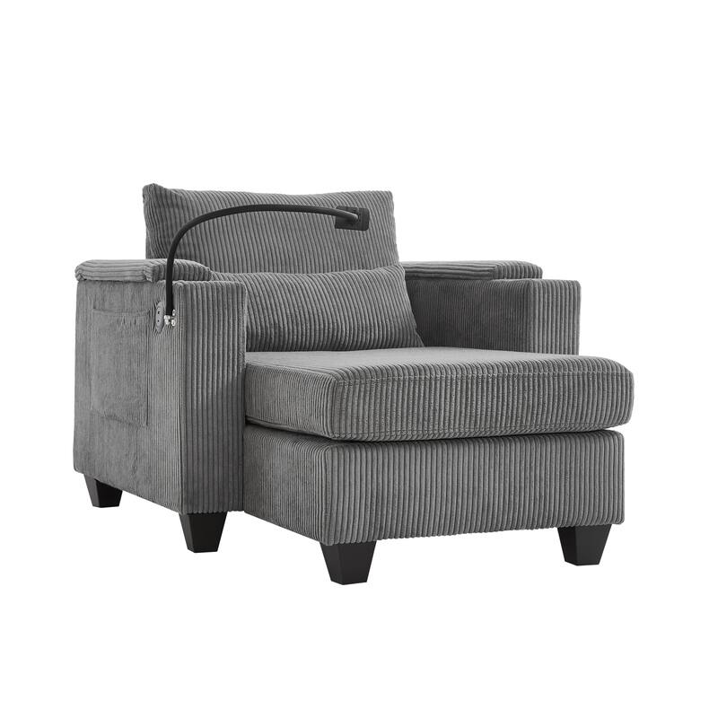 Convertible Sleeper Sofa Chaise Lounge with Movable Backrest, Corduroy Reading Chair with USB Ports, Cup Holders & Phone Holder