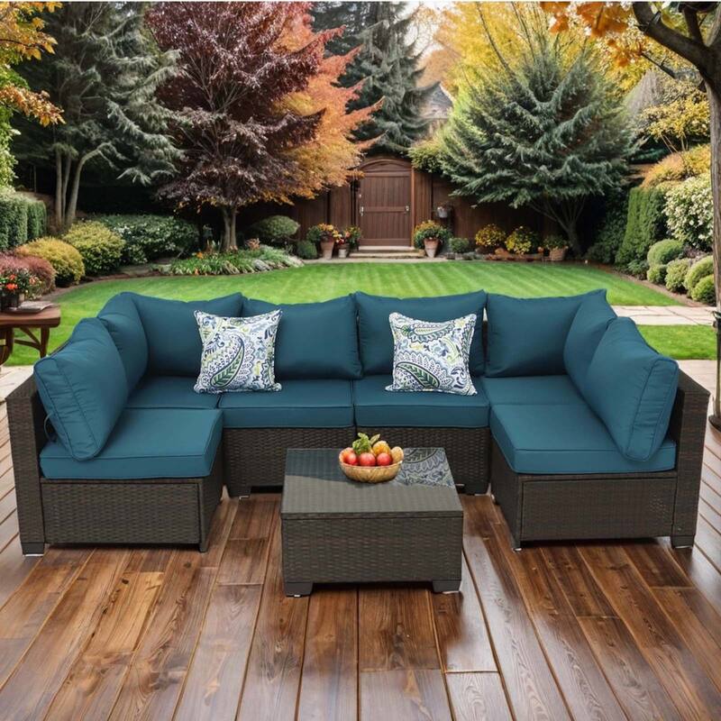 7-Piece PE Rattan Wicker Outdoor Patio Sectional Sofa Set with Cushions and Coffee Table